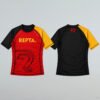Real BJJ rashguards laid flat on table showing front and back sublimated design