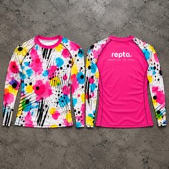 Custom pink and multicolor sublimated Brazilian Jiu-Jitsu rash guard with Repta branding, front and back view