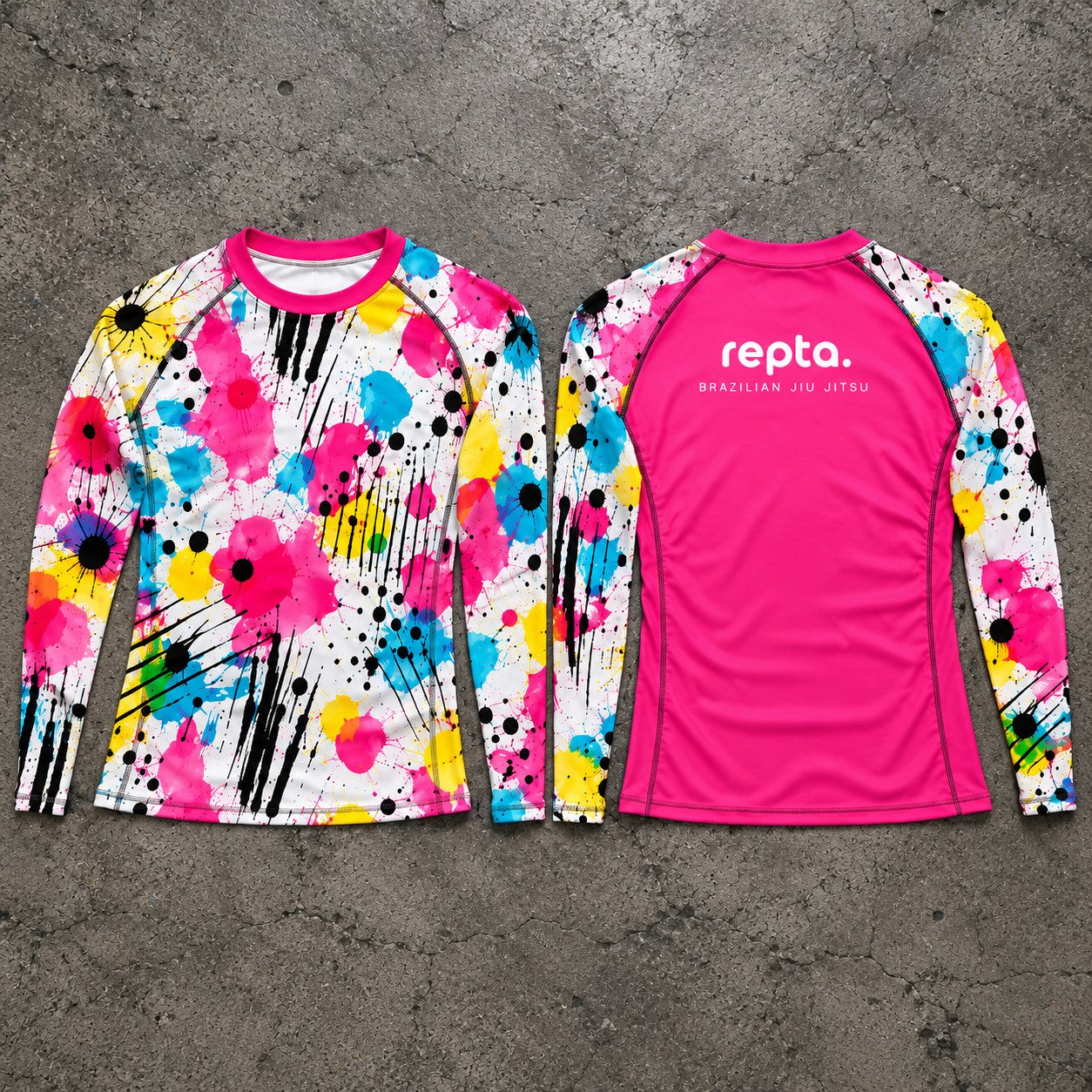 Custom Sublimated BJJ Rash Guard – Repta Custom pink and multicolor sublimated Brazilian Jiu-Jitsu rash guard with Repta branding, front and back view