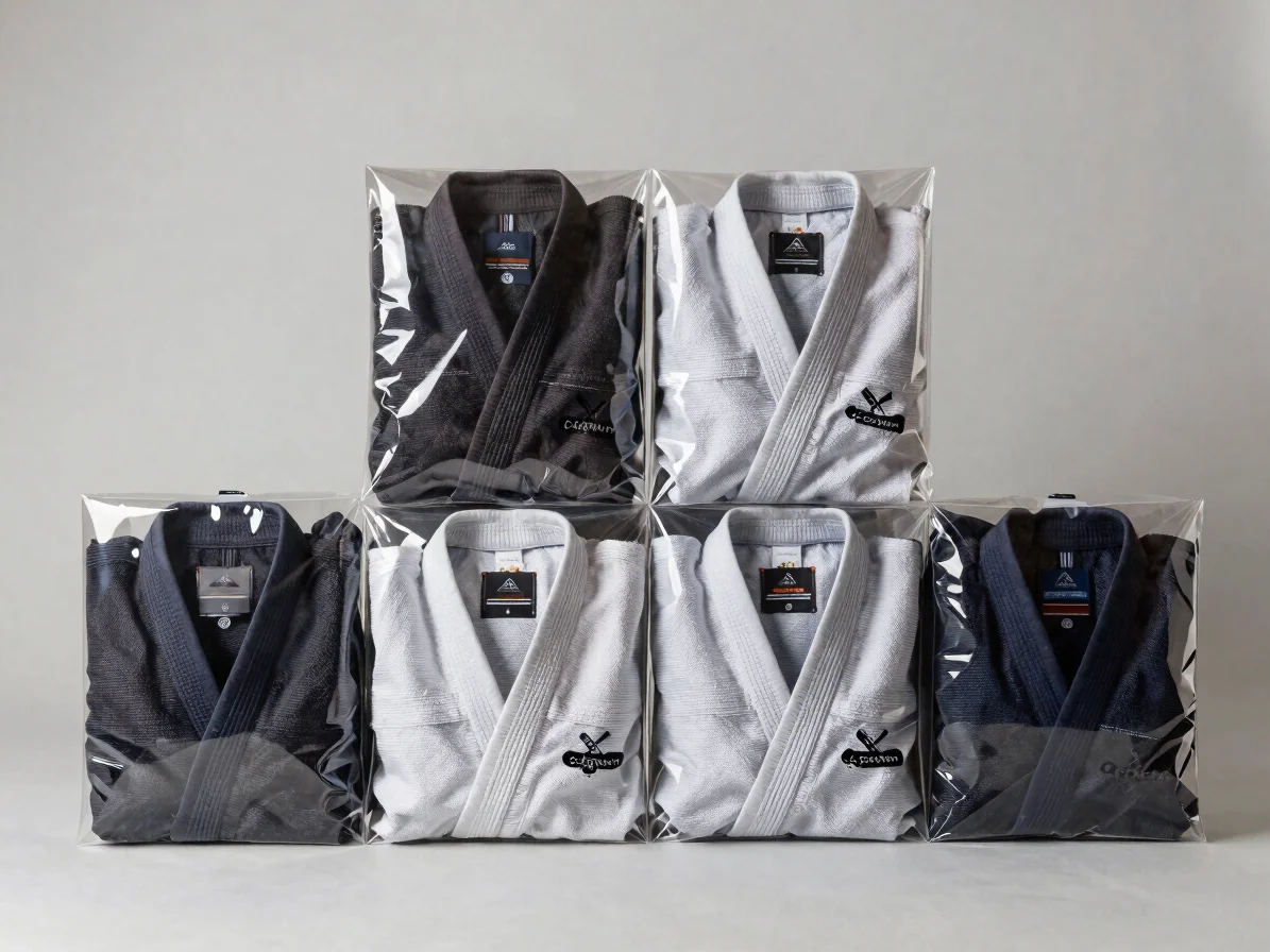 Clean studio product photograph of folded Gi uniforms in branded