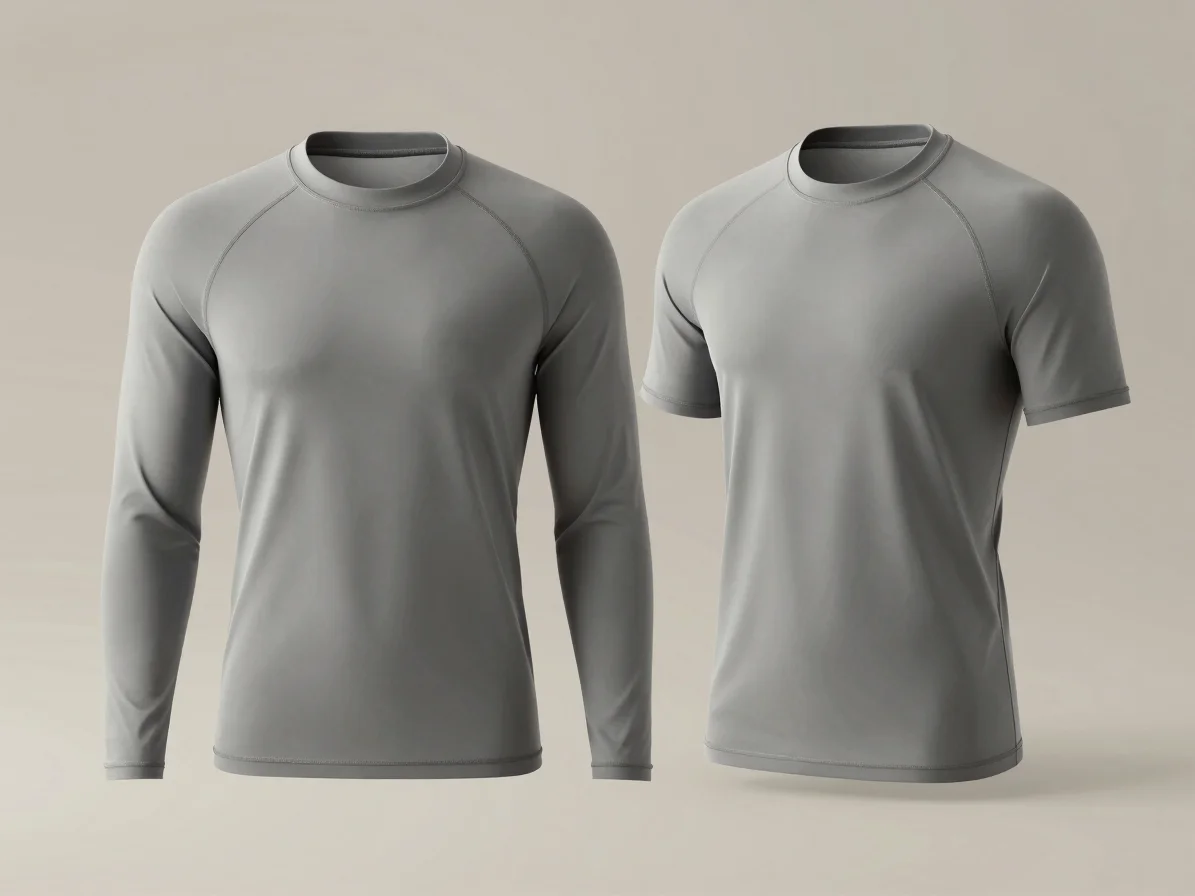 Clean studio product photograph of a long-sleeve and a short-slee