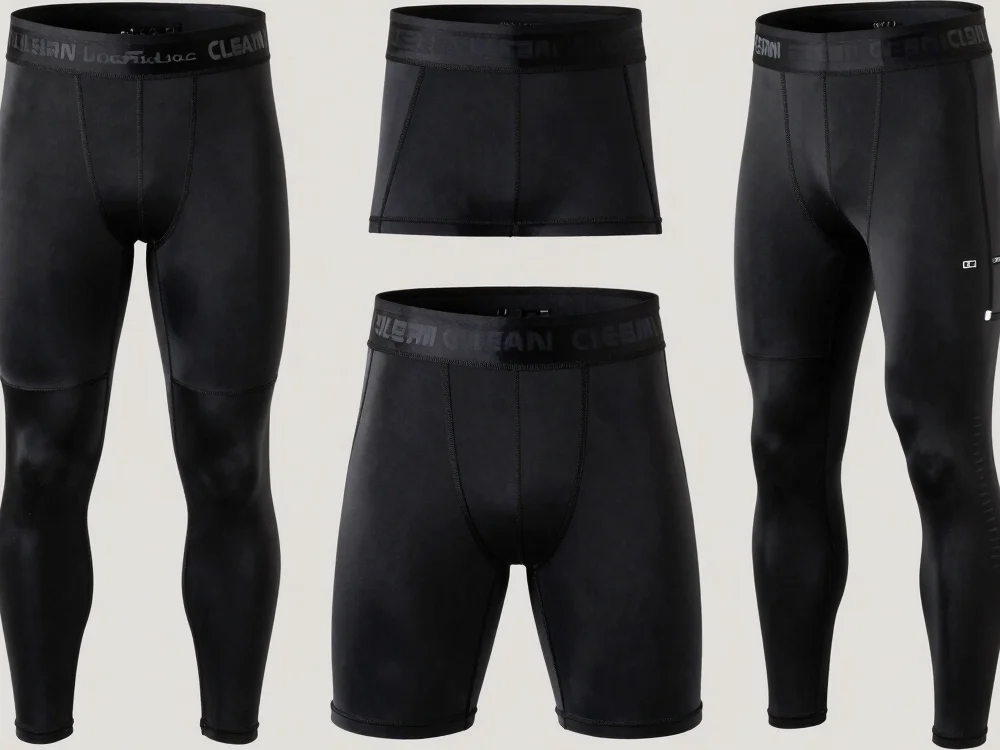 Clean studio product photograph of grappling shorts and compressi