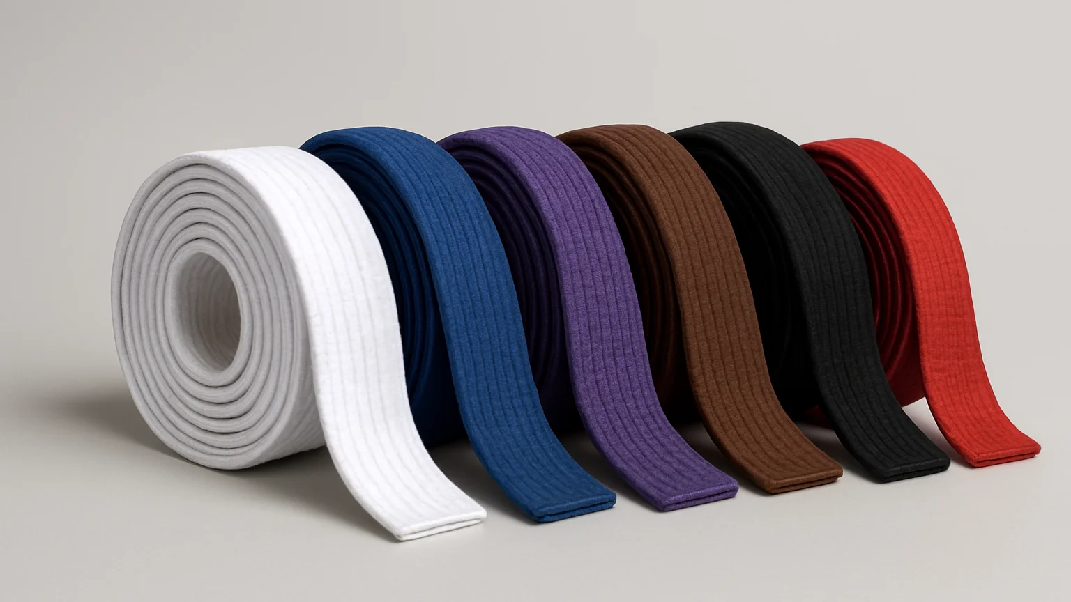 Clean studio product photograph of rolled and folded BJJ belts in