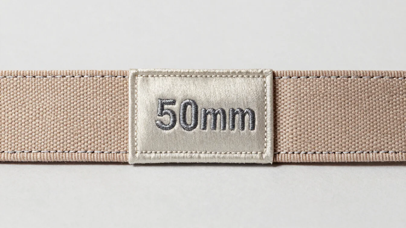 Macro studio photograph of a woven belt label and embroidered pat