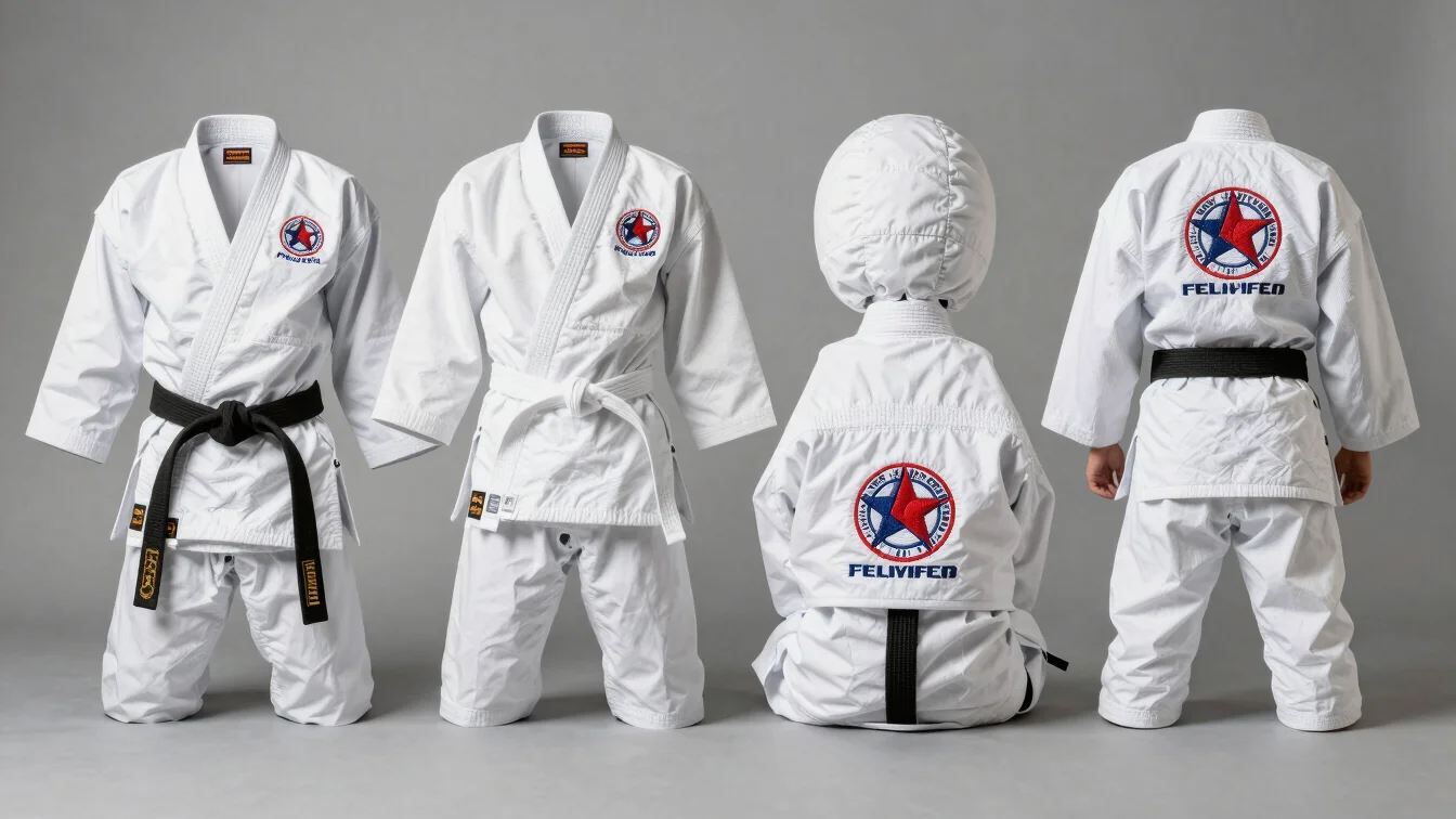 Studio product photograph of a group of verified martial arts acc
