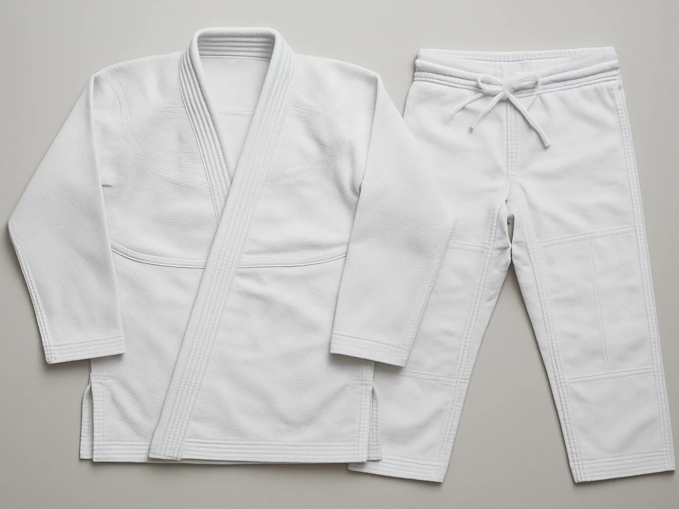 Clean studio product photograph of a BJJ Gi jacket and pants laid